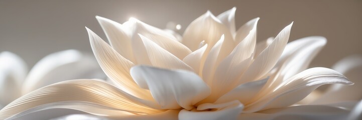 Close up of white lotus flower. Petals glowing in soft light. Floral background of bright blossom with gentle color. ultrawide banner