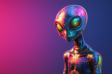 NFT abstract alien character with colorful glowing tattoos isolated solid color background