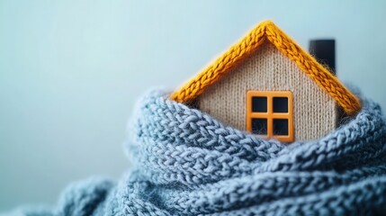 Home in a knitted scarf on a blue background, Concept of the heating system in a winterized house. keeping warm in the house