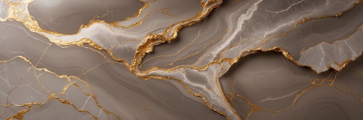 Brown gray marble stone pattern with gold veins. Abstract fluid art texture for background, backdrop or banner design. Mineral stone slice surface with golden lines ultrawide, banner