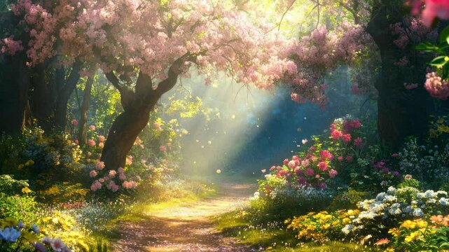 A magical forest path with blooming flowers and sunlight streaming through trees, captured from a low angle, resembling a fantasy video scene.