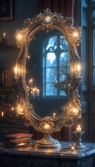 Fototapeta premium Ornate gold mirror stands lit by candlelight. Antique books and furniture decorate room near window. Interior scene shows elegant classic setting with soft light.