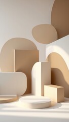 Beige stage with rounded shapes. Mockup backdrop showing circle form and light podium for product display. Background is geometric style and clean scene.