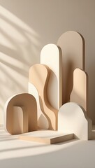 Fototapeta premium Beige platform display. Studio shot of various shapes. Light shines from window. Geometric shapes create modern look. Backdrop for products.