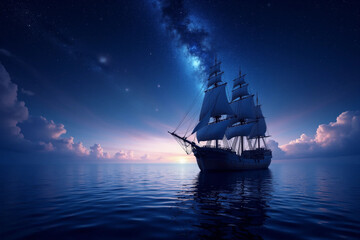 Fototapeta premium Night Time Ocean Scene with Ship Sailing, Stars in Sky 