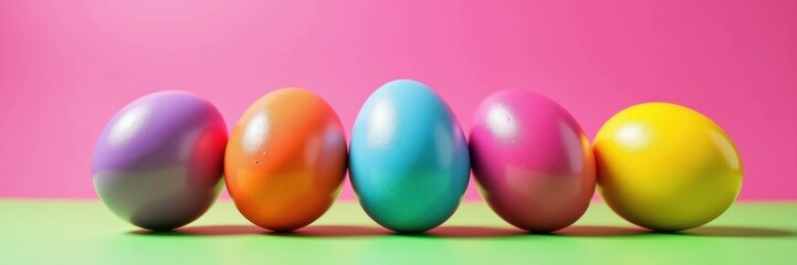 Colorful easter eggs arranged in a row against a vibrant background, perfect for celebrating spring festivities and seasonal promotions.