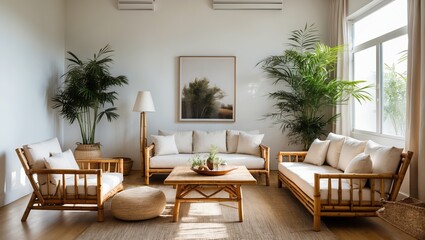 Obraz premium Cozy living room with bamboo furniture and white cushions. Potted plants and window let in bright sunlight. Neutral colors create calm interior.