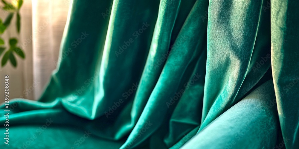 Poster elegant green fabric draping gracefully. the soft texture and rich color create a calming atmosphere