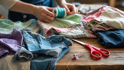 Clothes and Sewing Items on Wood Table. Hands holding Teal Thread Spool, near Jeans, Floral Print Fabric and Red Scissors. Preparing for Alterations and Repair