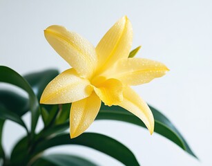 Fototapeta premium Vibrant Yellow Orchid Flower on Green Leaves with Water Droplets Against a Soft Background for Nature and Beauty Imagery