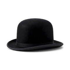 A black bowler hat with a ribbon band sits against a white background