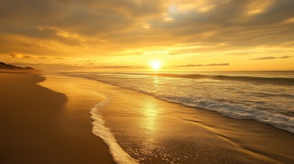 Obraz premium The sun setting over the sandy ocean beach with gentle waves