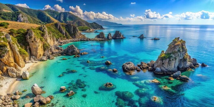 Panoramic view of rugged rocky cliffs meeting the turquoise blue waters at Capo Vaticano beach in Calabria, Italy, Calabria, rock formations