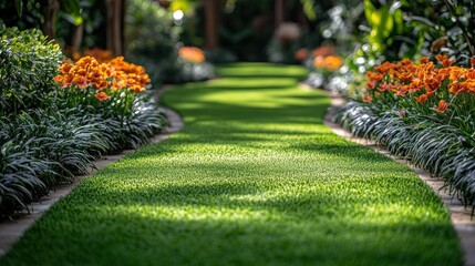 Lush green path winding through tropical garden with orange flowers