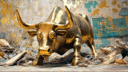 Massive Golden Bull Statue Breaking Through Stock Market Arena