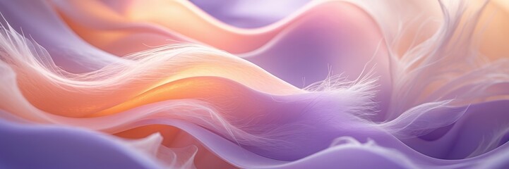 Soft flowing waves abstract background. Gradient purple orange color pattern with white fibers and smooth shapes. ultrawide banner