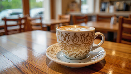 Fototapeta premium Elegant coffee mug with golden arabesque pattern in quaint cafe, charm