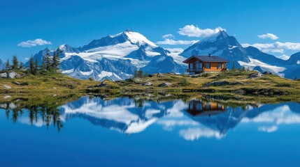 Fototapeta premium Serene Alpine Lake with Cabin and Majestic Snow-Capped Mountains
