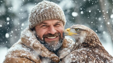 A joyful man with a beard and a warm hat holds a majestic eagle in a snowy environment, embracing the beauty of nature and tight bond between humans and wildlife.