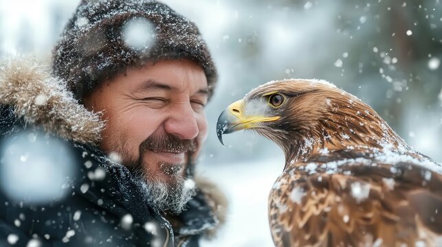 A joyful man wearing a winter hat smiles at a majestic eagle in a snowy forest, showcasing the bond between humans and wildlife in a chilly natural setting.
