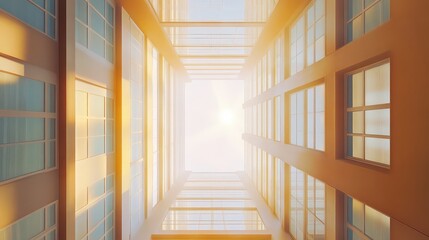 Obraz premium The sun casts light on the building through the glass windows