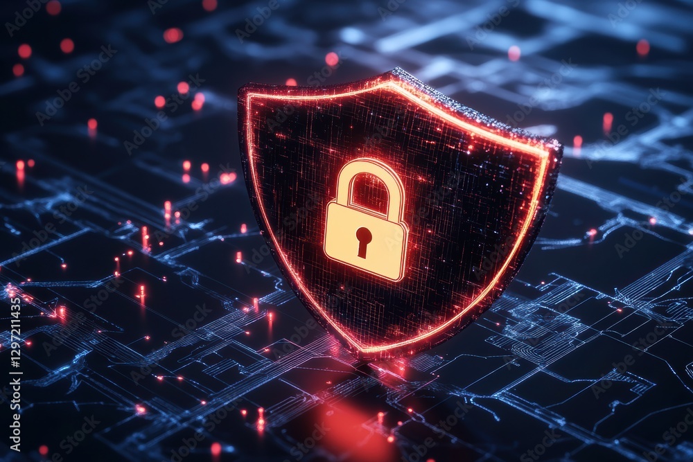 Poster digital shield icon with lock representing cyber security and data protection concepts