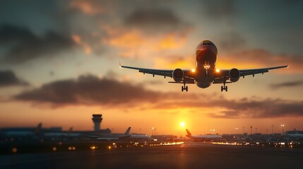 Panoramic view of a bustling international cargo airport with towering aircraft silhouettes in the foreground their engines roaring as they take off or touchdown