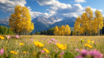 Obraz premium Serene Alpine Meadow Under Golden Aspen Trees in Early Autumn Light