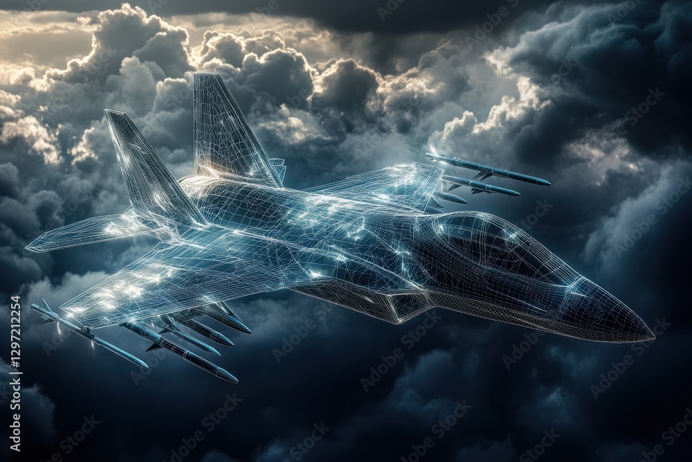 Poster futuristic wireframe jet fighter soaring through dynamic cloud formations with missiles
