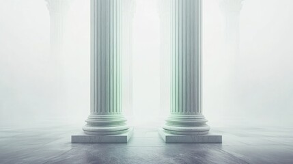 Two Ancient Columns in a Foggy Hallway; Architectural Interior Photography