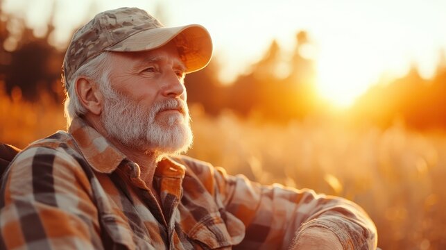 A thoughtful older man gazes into the distance as the sun sets over a golden field, capturing the essence of tranquility and reflection in nature's beauty.
