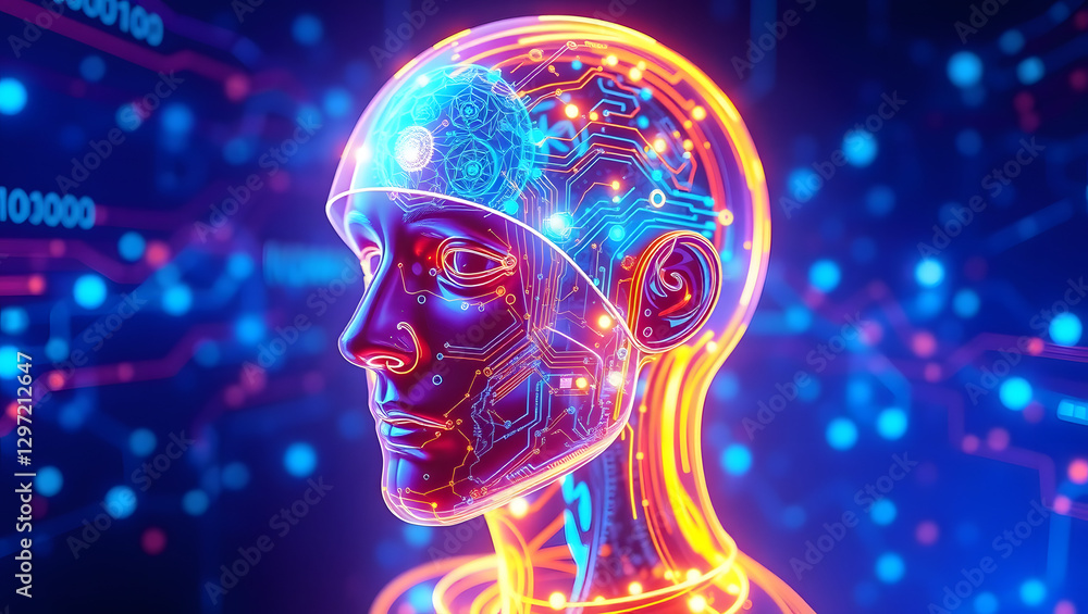 Poster a digital illustration of a human head with illuminated brain and circuits, representing artificial 