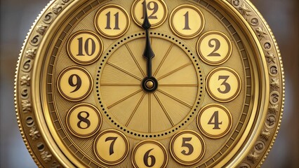 Obraz premium Ornate golden clock face displays time at twelve o'clock, with intricate detailing surrounding numerals.