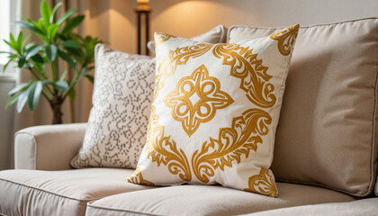 Decorative golden arabesque pillow on cozy couch, home elegance