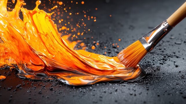 A dynamic image featuring an artist's brush swirling vibrant orange paint, creating a splash that embodies creativity, passion, and energy in the process of art-making.