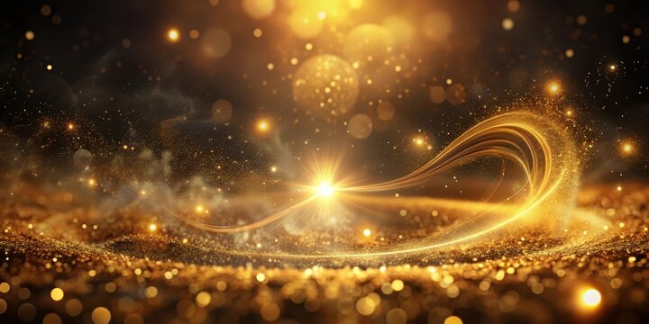 Mystical aura surrounds glowing gold particles in a dark mysterious background, mystical, swirling smoke