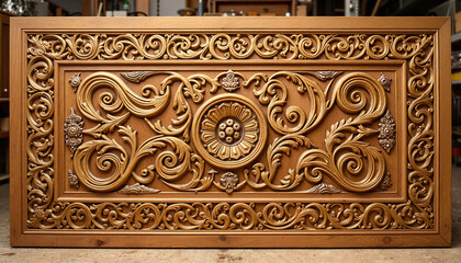 Intricate golden arabesque panel in artisan workshop, craftsmanship