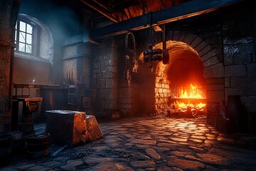 A medieval blacksmith workshop features a bright forge casting warm light against rough stone walls. Tools and equipment are arranged around, creating a work-ready atmosphere at dusk