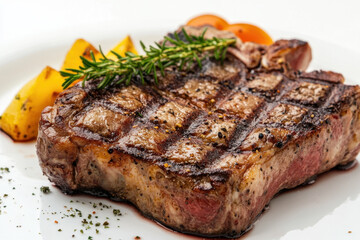 "A perfectly grilled T-bone steak with a golden-brown crust, grill marks, and a juicy interior, served on a white plate with a side of sautéed vegetables and garnished with fresh herbs.