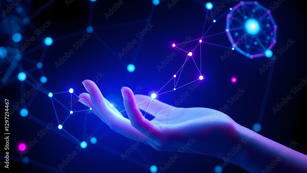 Poster a hand reaching out to grasp a network of interconnected glowing points, symbolizing technology and 