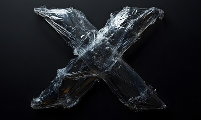 A crinkled transparent plastic film shaped like an X against a black background