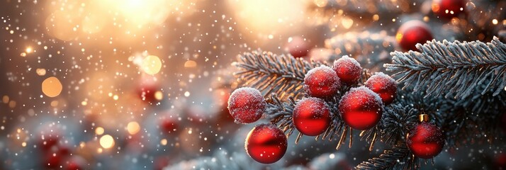 Festive decorations on a snow-covered tree during a winter celebration