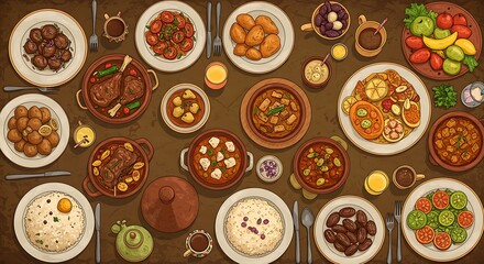 Traditional Middle Eastern Feast Table Setting with Diverse Dishes