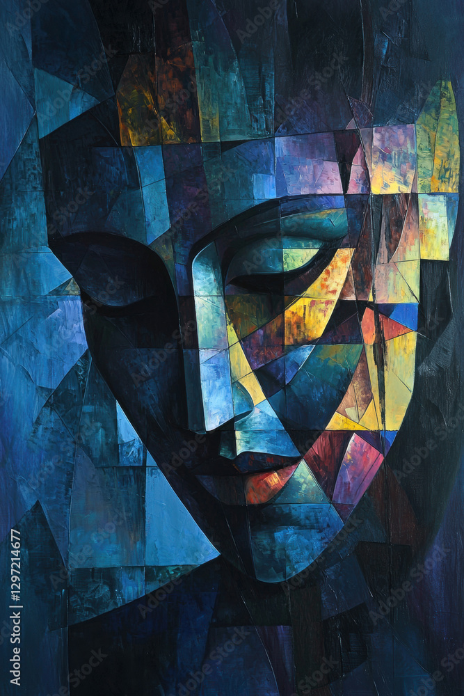 Poster a cubist-style painting of a contemplative face, constructed with angular geometric shapes in deep b