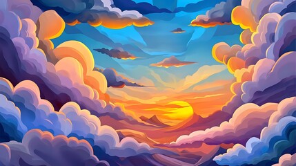 Fototapeta premium Vibrant Sunset Cloudscape: Digital Painting of a Dreamlike Evening Sky AI Generated