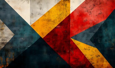 Abstract geometric composition with contrasting textured color blocks of red, yellow, blue and white