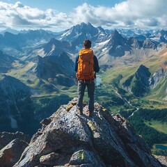 Hiker overlooking glowing mountain sunrise vista image