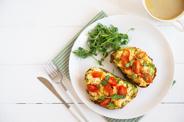 Bruschetta with egg, avocado and herbs for breakfast. Healthy and healthy breakfast, lunch and...