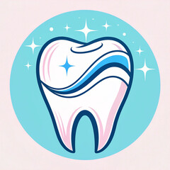 Minimalist logo of a clean tooth with shiny stars, using blue and white colors to represent dental care and cleanliness, ideal for dental services or oral hygiene branding.
