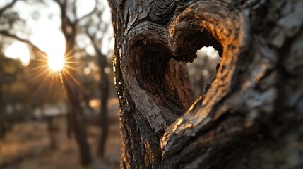 A tree trunk in a lush green forest has naturally formed a heart shape, perfect for a Valentine's Day backdrop with ample copy space